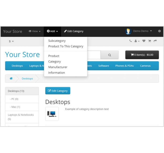 Панель управления Admin Front-End Toolbar для Opencart Панель управления Admin Front-End Toolbar