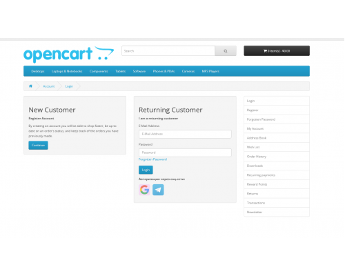 Модуль Авторизація через соц.мережі (Google, Steam, Facebook, Twitter, Телеграм) для Opencart