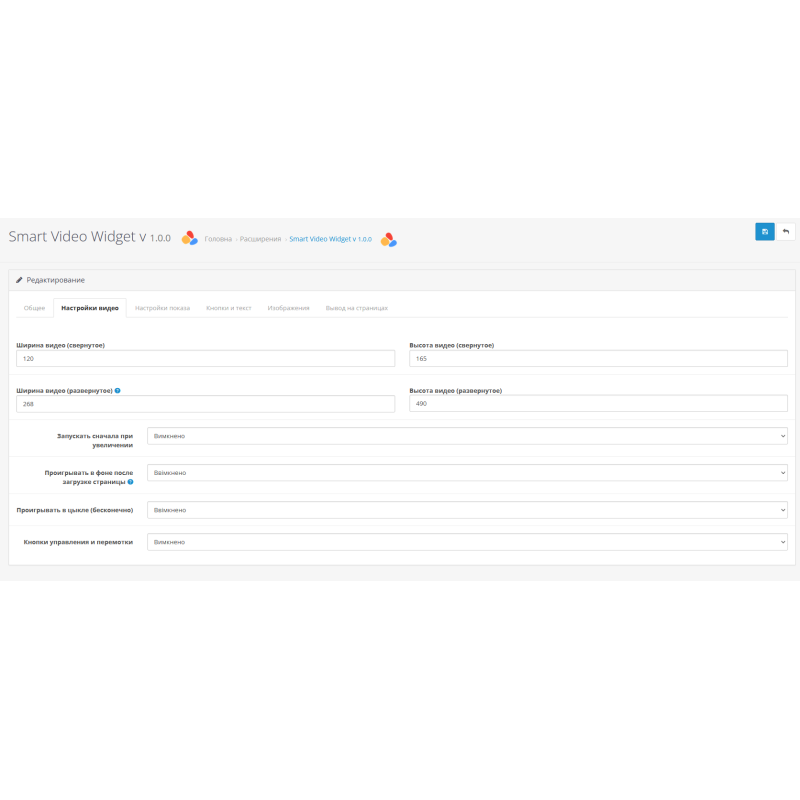 OpenCart үшін фондық бейне, баннер, кескін, хабарландыруға арналған Smart Video Widgets модулі, дисплей шарттарының параметрлері бар