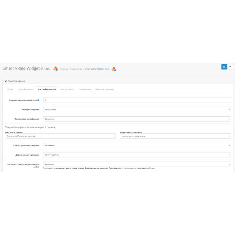 OpenCart үшін фондық бейне, баннер, кескін, хабарландыруға арналған Smart Video Widgets модулі, дисплей шарттарының параметрлері бар