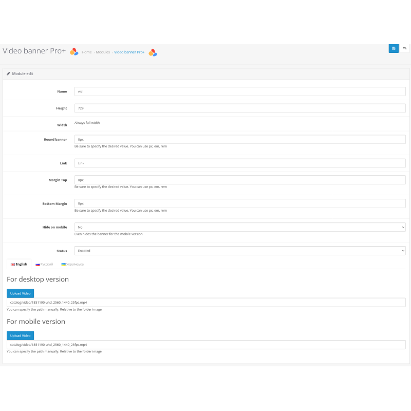 OpenCart үшін көрсету шарттарының параметрлері бар Adaptive Video Banner Pro+ модулі