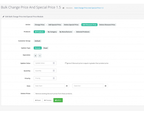 Bulk Price Change and Special Price Module for OpenCart