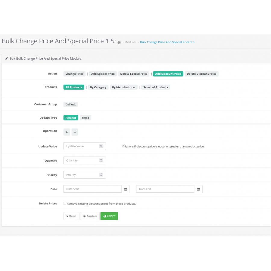 Bulk Price Change and Special Price Module for OpenCart