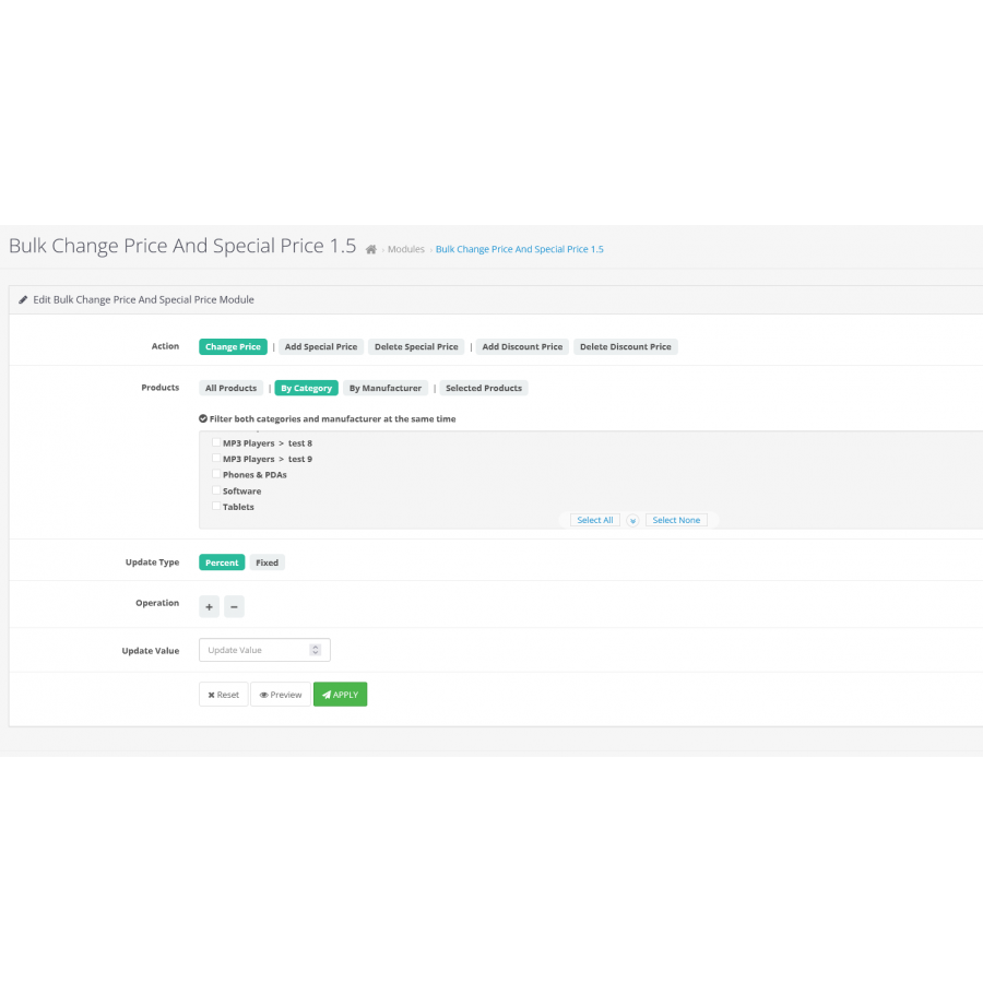 Bulk Price Change and Special Price Module for OpenCart