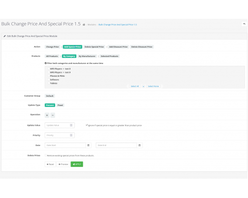Bulk Price Change and Special Price Module for OpenCart