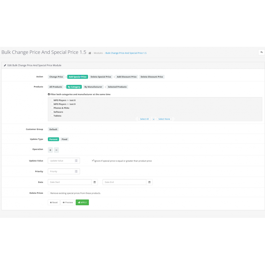 Bulk Price Change and Special Price Module for OpenCart