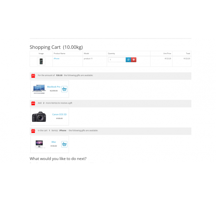 Модуль Подарунки за сумою, кількістю, вибраним товаром у кошику для OpenCart Подарунки за сумою, кількістю, вибраним товаром у кошику