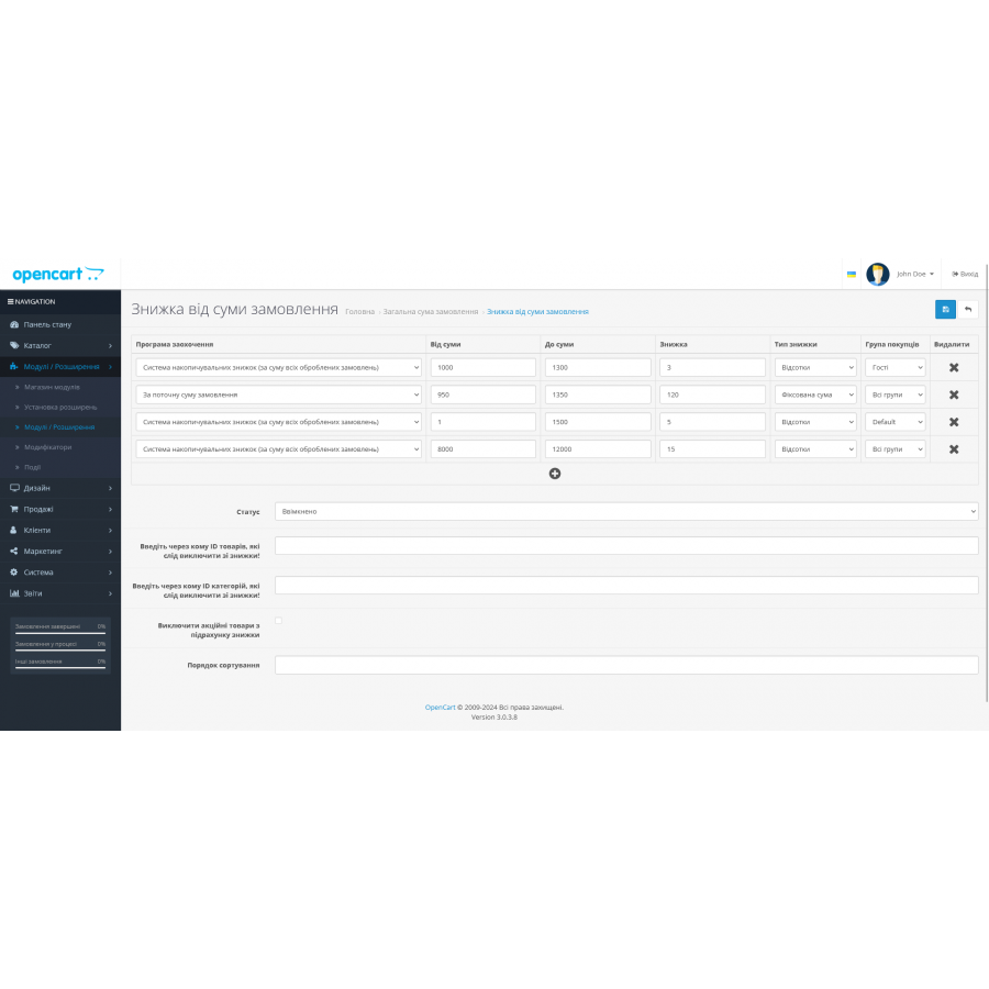 Модуль Знижка від суми замовлення для Opencart
