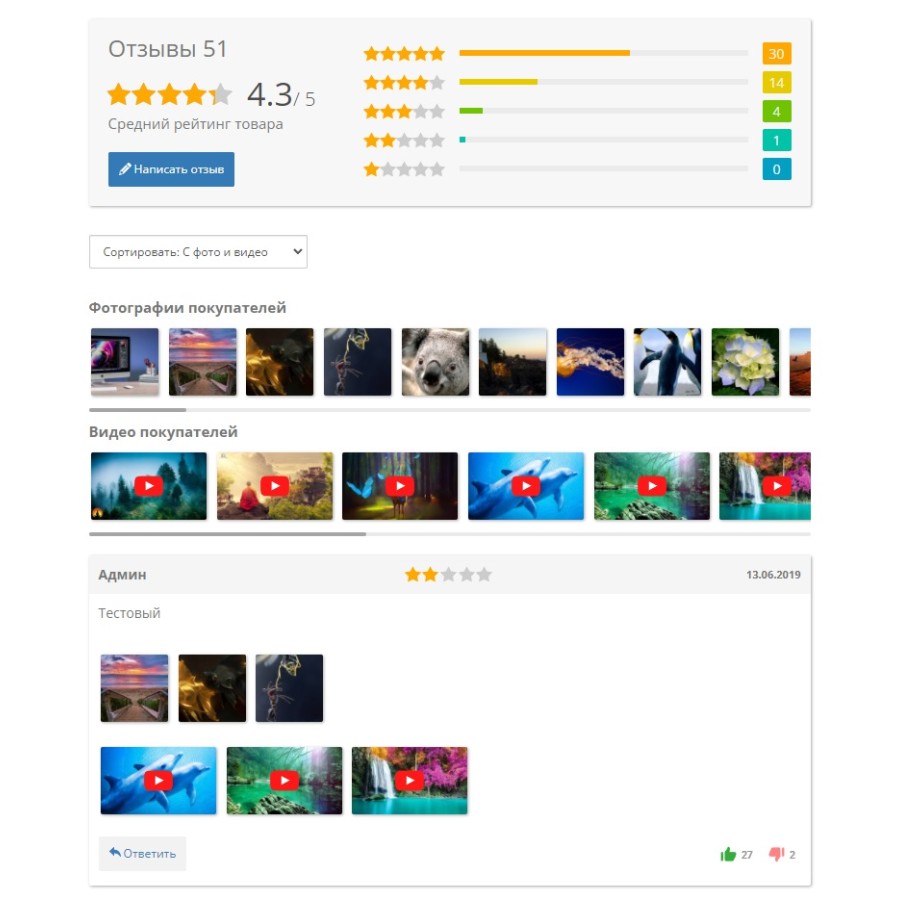 Ενότητα κριτικών φωτογραφιών και βίντεο Opencart Ex-reviews v 4 για το OpenCart