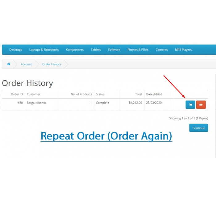 Повторне замовлення – Repeat Order (Order Again) Повторне замовлення – Repeat Order (Order Again) для Opencart
