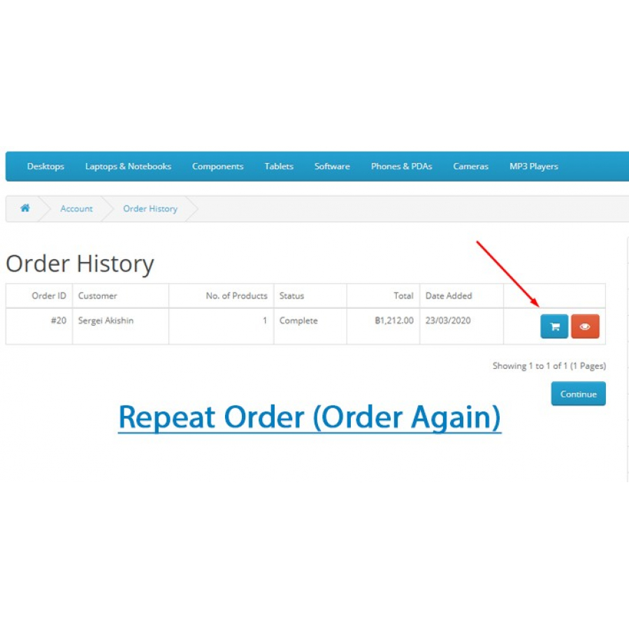 Повторне замовлення – Repeat Order (Order Again) для Opencart