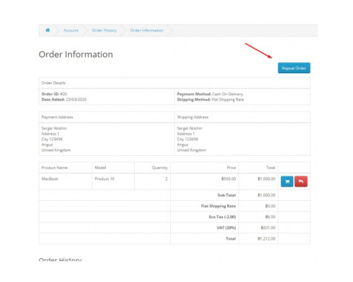 Repeat order - Repeat Order (Order Again) for Opencart