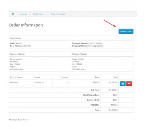 Powtórz zamówienie - Powtórz zamówienie (zamów ponownie) dla Opencart