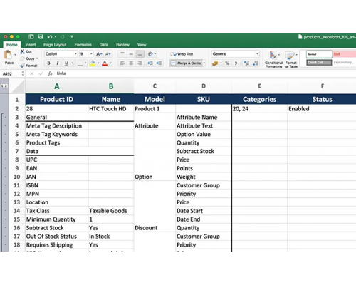 Export - Import of categories, goods, into an Excel file