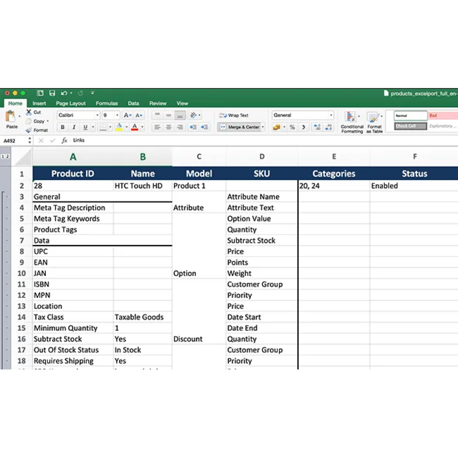 Export - Import of categories, goods, into an Excel file