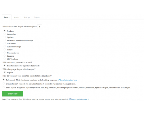 Export - Import of categories, goods, into an Excel file