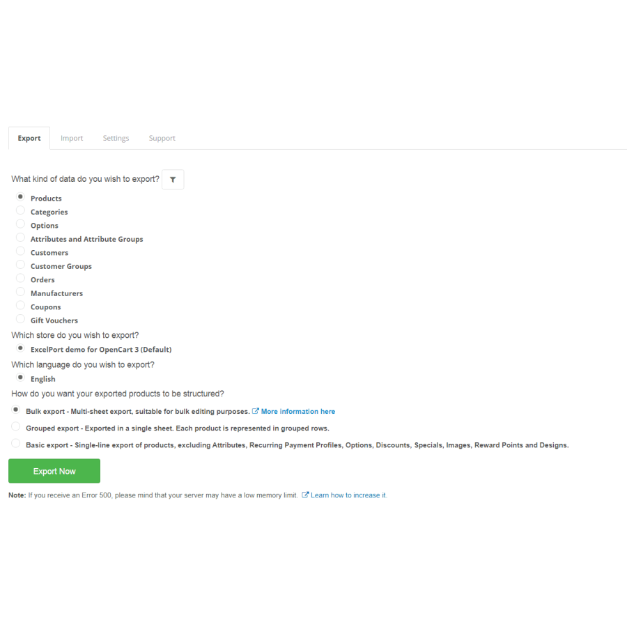 Export - Import of categories, goods, into an Excel file