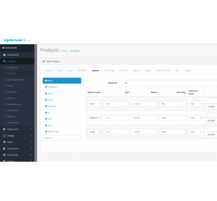 Модуль Додаткові поля в опціях товару для OpenCart Додаткові поля в опціях товару