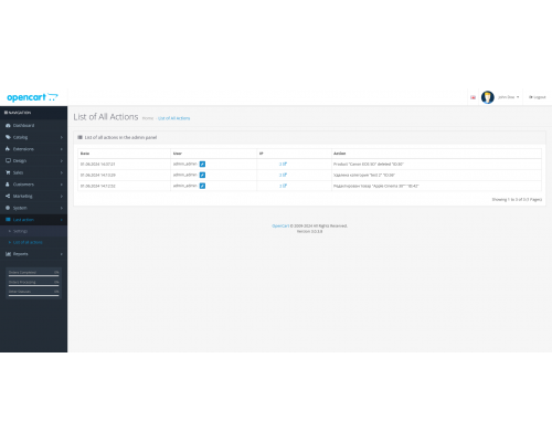 Модуль Список всех действий в админ панели – Last action admin panel для OpenCart