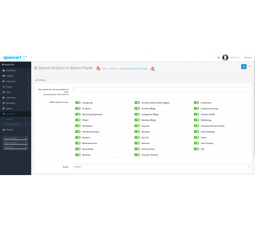 Modul Daftar semua tindakan pada panel admin - Panel admin tindakan terakhir untuk OpenCart